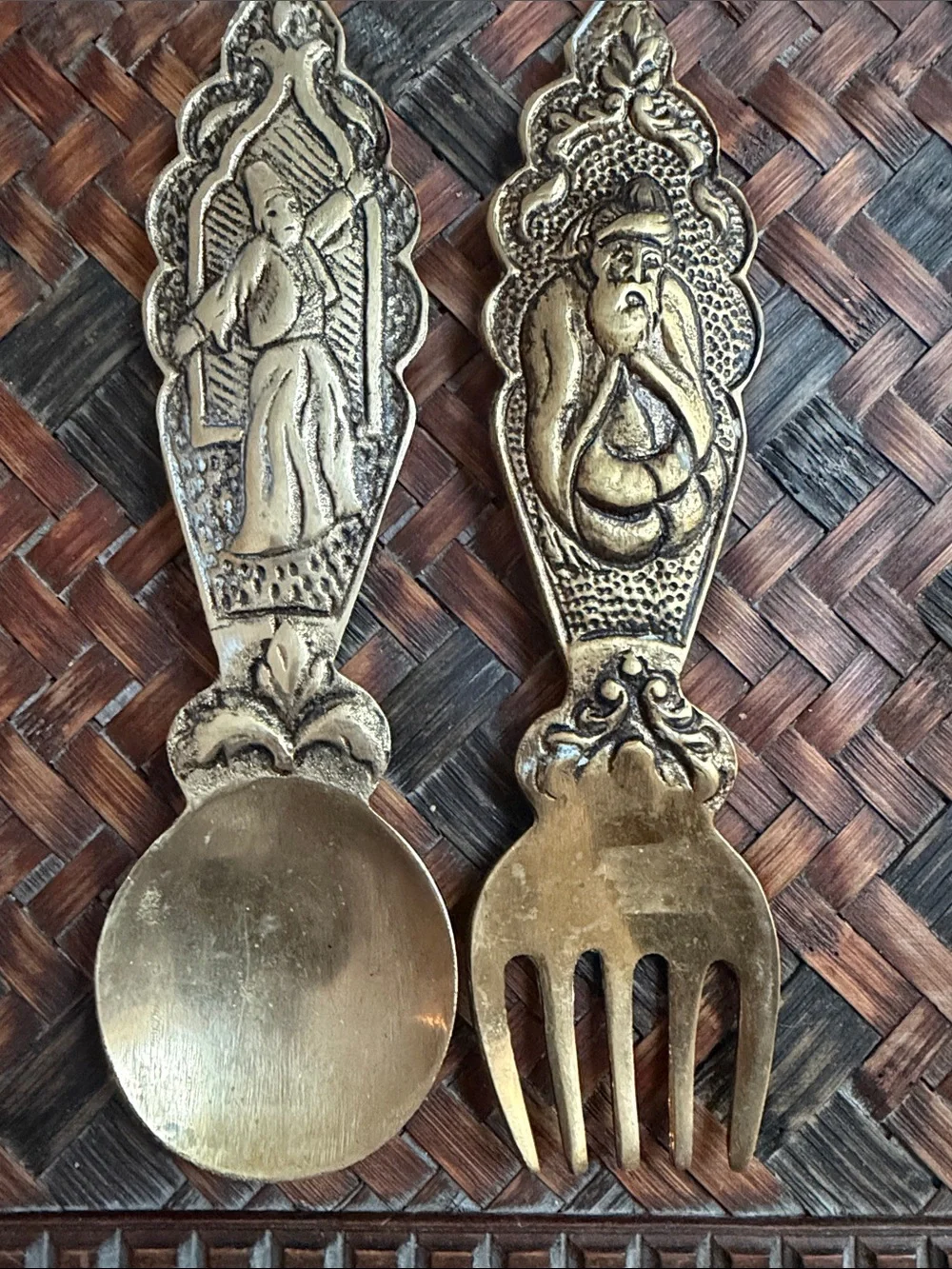 Ornate Brass Spoon and Fork Set - Antique-Style Gold Serving Pieces
